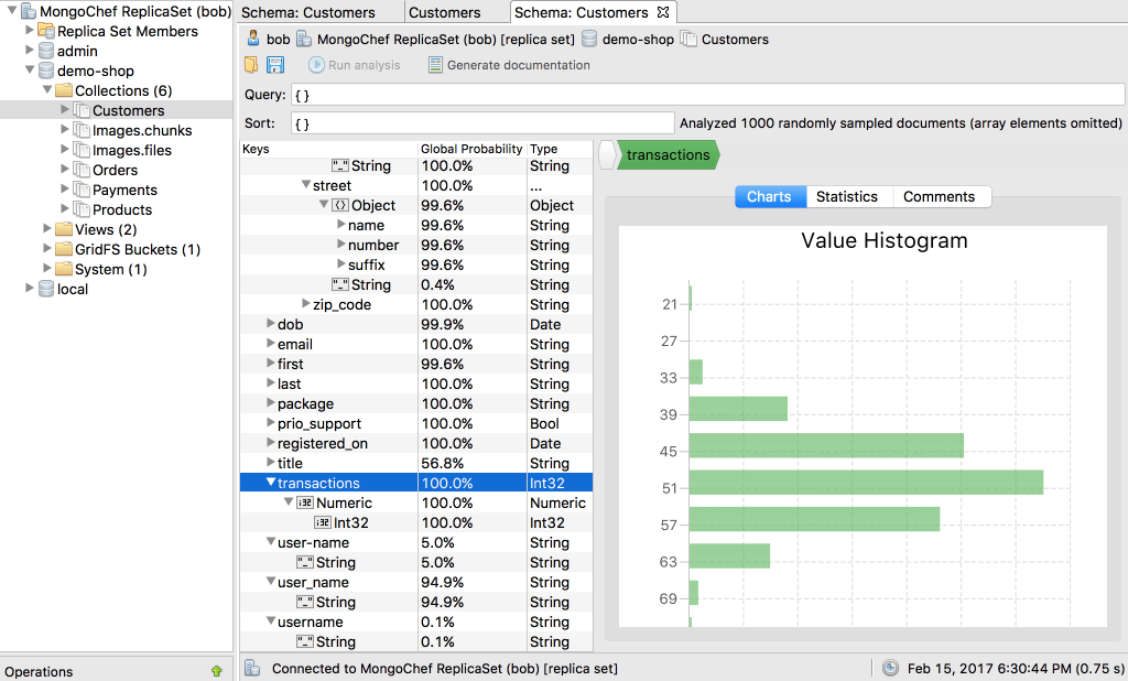 Show historic values Screenshot of Studio 3T Schema Discovery Value Histogram